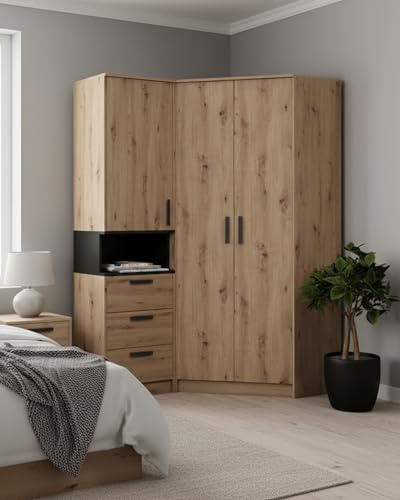 Steiner Shopping Eckkleiderschrank - Set F Fafe | 2-teilig | Farbe: Eiche Artisan/Schwarz | genügend Stauraum | Soft-Close-Funktion | 2 offene Fächer