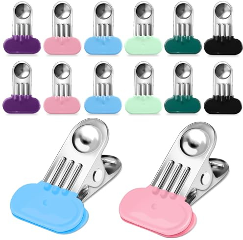 Bag Clips for Food Storage 12 Pcs, Stainless Steel Food Bag Clips for Sealing Food Storage Bags, Non Slip Food Bag Clips in 6 Colors, Reusable Bag Sealing Clips for Sandwiches and Snacks