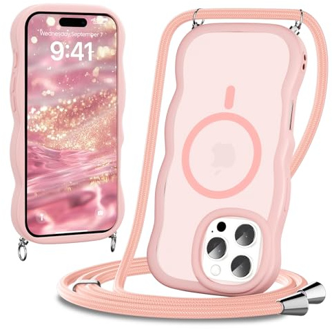 Coiwxmoi Cover Magnetica per iPhone 15 Pro Max Custodia con Cordino Laccio, Compatibile con Magsafe Cornice Ondulata Forma Traslucida Opaca Cover Silicone Protettiva Antiurto Antigraffio Case, Rosa
