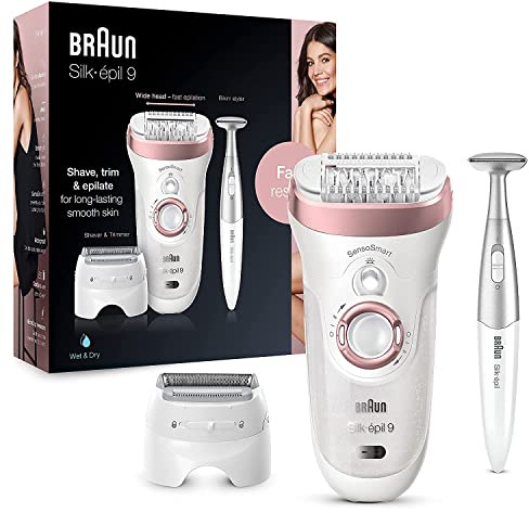Braun Silk-épil 9 Depilatore Donna Epilatore con Testina Radente e Rifinitore Bikini, Idea Regalo, 9-890 Bianco e Rosa