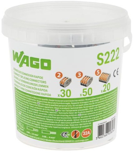 WAGO - WAGO Plastikeimer 100 Verbindungsdosenklemmen - Sortiment 100 Stück Hebelklemmen Typ 222 2-Leiter-Klemmen, 3-Leiter-Klemmen und 5-Leiter-Klemmen