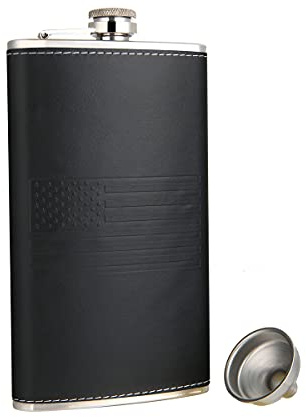 TOX TANEAXON American Flag 12 oz Black Pocket Whiskey Liquor Leather Wrapped Hip Flask with Funnel and Box - Stainless Steel and Leak Proof