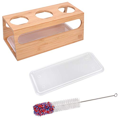 GRÄWE® - Porta bottiglie in bambù per 3 bottiglie di vetro + spazzola per bottiglie + vassoio di ricambio