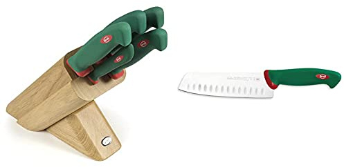 Sanelli 931605 Ceppo Coltelli Leck, Legno, Verde/Rosso, 5 unità & Premana Professional Coltello Giapponese Olivato, Acciaio, Verde/Rosso, 31.0x3.0x6.0 cm