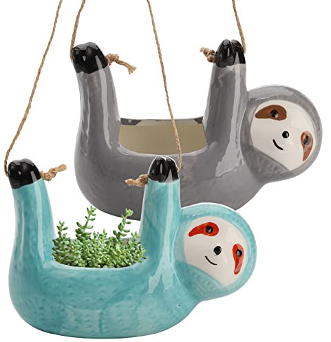 Okllen 2er-Pack Keramik Faultier Hängepflanzgefäß, Niedliches Faultier Sukkulenten Pflanzgefäß Wandhängender Pflanzenhalter Faultiergeschenke für Töpferbonsai, Innen und Außendekor, Grau, Blau