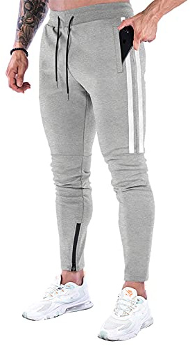 Suwangi Pantaloni Tuta Uomo Palestra Running della Allenamento Slim Fit Design a Righe con Tasche Zip