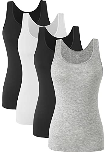 Ymmchy Women Stretch Tank Tops Basic Vest Tops Lightweight Undershirts 4-Pack Black/White/Black/Gray XL