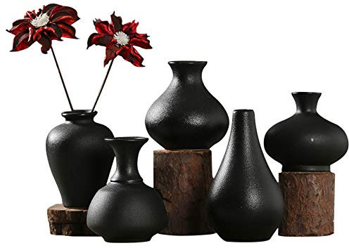 Sziqiqi Kleine Schwarze Keramik Vasen 5er-Set, Mini Handmade Keramikvasen für Blumen Pampasgras Moderne Blumenvase Deko für Wohnzimmer Küche Büro Küche und Tisch