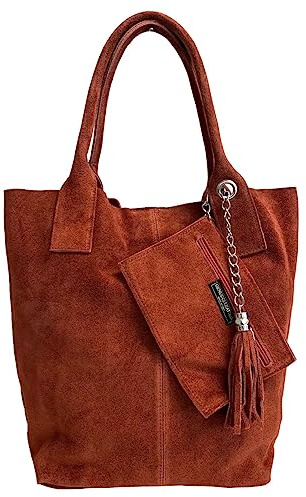 Modarno Borsa shopper da donna in vera pelle scamosciata, con custodia per gioielli dello stesso colore - Borsa a mano - Borsa a spalla