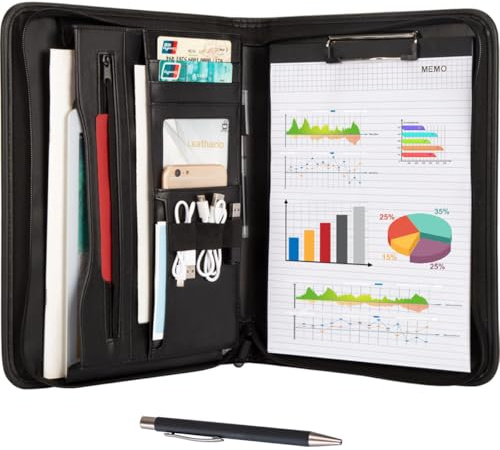 Leathario Portfolio Folder A4, Conference Folder with Notepad, Vegan Leather Travel Document Holder with Pockets for Tablets Notepads Files, Document Organiser, Office Supplies