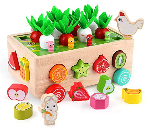 SKYFIELD Montessori Wooden Garden Toy for Baby Boys Girls 1 2 3 Years Old, Fine Motor Skills Developmental Gift Toy Color Shape Fruit Sorting Orchard Cart Farm Game for Toddler 1-3