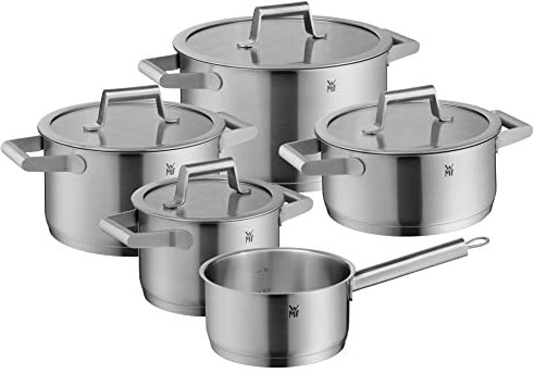 WMF Comfort Line - Juego de ollas de inducción (5 piezas, con tapa de cristal, acero inoxidable Cromargan mate, escala, juego de ollas apilables, sin revestimiento)