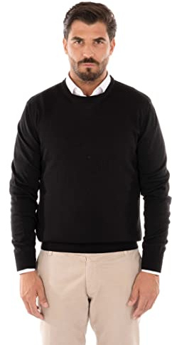 Maglione Uomo Invernale in Lana Merinos Made in Italy Pullover Girocollo Regular Fit (as6, Alpha, l, Regular, Regular, Nero, L)