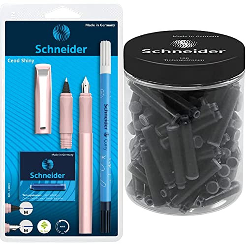 Schneider, Ceod Shiny, set da scrittura con penna stilografica, penna a sfera, per destrorsi e mancini, pennino M & Inchiostro Cartuccia Contenitore 100-Pezzo Set, Nero