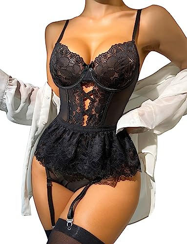 FEOYA Women's Sheer Mesh Garter Belt Corset Set Garter Lingerie Set Lace Bodysuit Sexy Suspenders Belt Garter Belt Lingerie Leotard Outfits Underwear