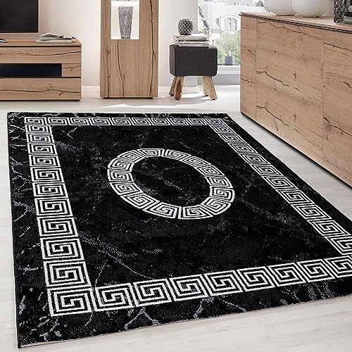 Carpettex Teppich Wohnzimmer Kurzflor 280 x 370 cm Schwarz Modern Mäander-Design -Teppich Schlafzimmer Flauschig Extra Weich Waschbar Küchenteppich Teppich Esszimmer Kinderzimmer Wohnzimmerteppich