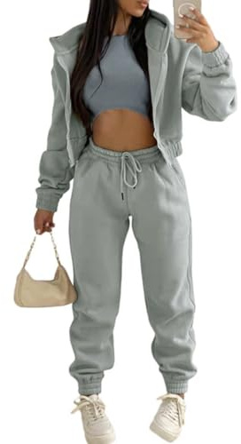 Onsoyours 3 Stücke Damen Sportanzüge Jogginganzug Sport Sets Yoga Outfit Freizeitanzug Sportswear Langarm Kapuzenjacke + Crop Top + Jogginghose mit Taschen