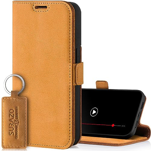 SURAZO Slim Magnet mobiltelefonfodral för Apple iPhone 15 Pro, fodral i läder – vikbart äkta läder, skyddande fodral [kortfack, RFID-skydd, nyckelring] flip vikbart vikbart plånboksfodral, läderskal