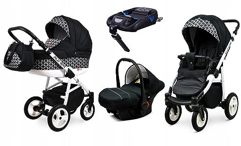 BabyLux® Kinderwagen Set 4 in 1 - Alu Way - incl. Babywanne, Buggy Sportsitz, Auto-Babyschale, ISOFIX-Basisstation - Autositz - Kinderwagenset - Kombikinderwagen mit Wickeltasche usw.