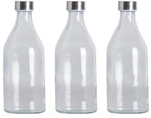 Tradineur - Pack de 3 Botellas de Vidrio de 1 litro, tapón de Acero, Agua fría o Caliente, Bebidas, té Helado, Limonada, frigorífico, Camping - 25,5 x 9,5 cm