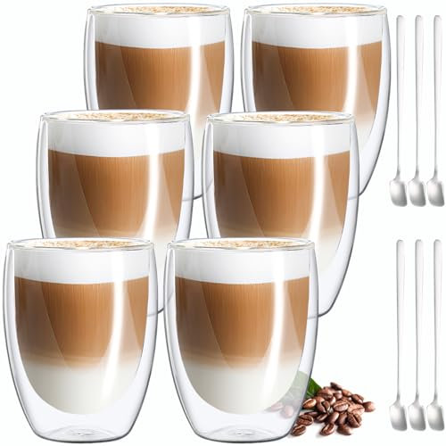MULEVIP Vasos Cafe Cristal Tazas de Cafe Cristal 6 x 350ml Vaso Doble Pared,Tazas Cafe Cristal Tazas de Vidrio Borosilicato Trae 6 Cucharas,Vasos Doble Pared Cristal para Té,Café,Latte,Macchiato