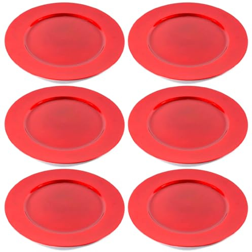 Acan Tradineur Lot de 6 assiettes rondes en plastique réutilisable, plateau plat décoratif, plateau de présentation de bonbons de Noël, nougat, gâteaux (rouge, Ø 33 cm)