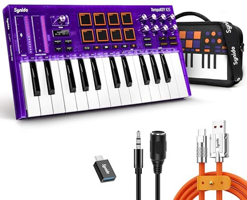 Synido USB C MIDI Keyboard Controller 25 Key with Drum Pads, Velocity-sensitive Full-size Keys, OLED Screen, Portable Midi Controller Beat Maker Machine for Music Production, Purple, TempoKEY K25