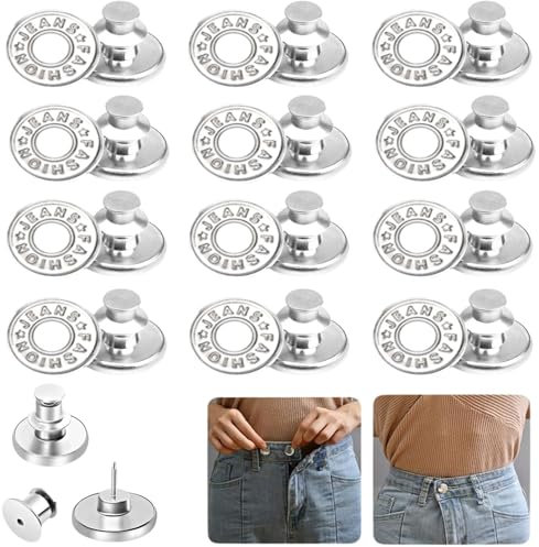 12 Stück Knopfnadeln für Lose Jeans, Sofortiger Ersatz Ohne Nähen und Werkzeuge, Druckknopf-Hosenknopf, Wiederverwendbarer und Einstellbarer Metall-Hosenknopf-Strammer