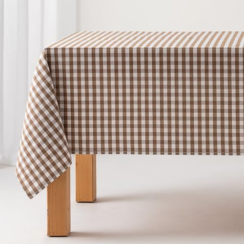 GAMUSI Mantel Antimanchas Tacto Tela Rectangular Cuadro Vichy, algodón Impermeable, 140x200 cm Color Taupe
