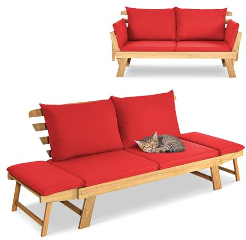 GIANTEX Liggsoffa med fällbara sidoryggstöd, trädgårdsbänk sittbänk med kuddar, solstol, trädgårdsfåtölj av akaciatträ, multifunktionsbänk, balkongbänk, parkbänk, trädgårdsmöbler, grå/beige (röd)