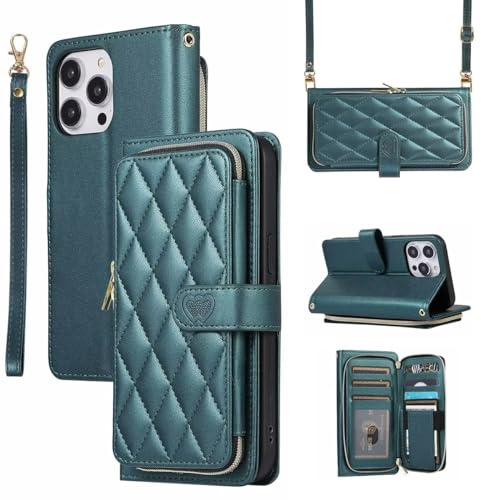 xinyunew Handykette für iPhone 13 mini Hülle Mit Band,Handyhülle iPhone 13 mini,Flip Leder Geldbörse Hülle,[9 Kartenfach][Magnetverschluss],Necklace Klapphülle Schutzhülle - Grün