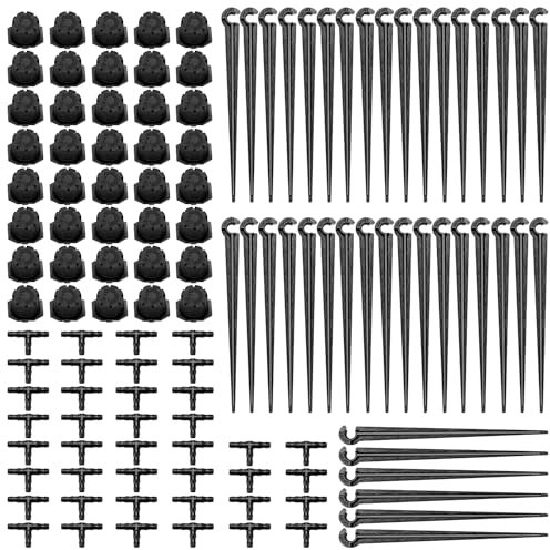 VooGenzek 120 Stücke 4/7mm Automatische Tropf Bewässerung Set, 40 Einstellbare Micro Drip Tropfer + 40 T-Steckverbinder + 40 Micro Drip Rohrhalter für Schlauch 4/7mm, für Garten, Rasen, Schwarz