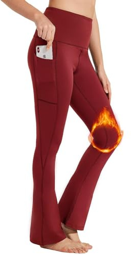 BAYGE Termobootcut för kvinnor, vinter, hög midja, fleece, fodrade, vattentäta, ogenomskinliga, magkontroll, slim fit, leggings, sportbyxor, slagbyxor, sweatbyxor, träningsbyxor med fickor, röd, XXL