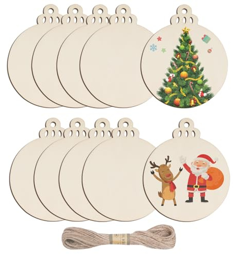 60 Stück Weihnachten Holz Ornamente mit Loch, Runde Holzscheiben Juteschnur | Unvollendete Naturholzscheiben Holzkreise, Blanko Hängende Holzkugeln für Neujahr Weihnachtsbaum Anhänger