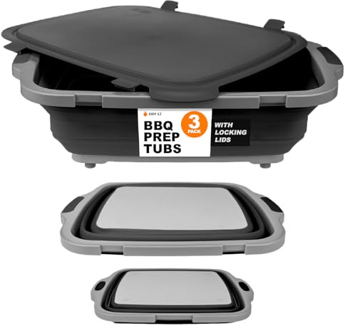 Drip EZ Collapsible BBQ Prep Tubs 3-Piece Set- For Meal Prep Marinating Food Storage - Includes Cutting Board & Lid - (1) JR + (1) OG + (1) XL - Black