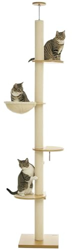 PawHut Kratzbaum deckenhoch Höhe 230-250 cm für Katzen, Eiche+Cremeweiß | Katzenbaum mit Hängematte, Sisalstämme, Plattformen, Mehrstöckiger Katzenkratzbaum Kletterbaum, Bis 5 kg