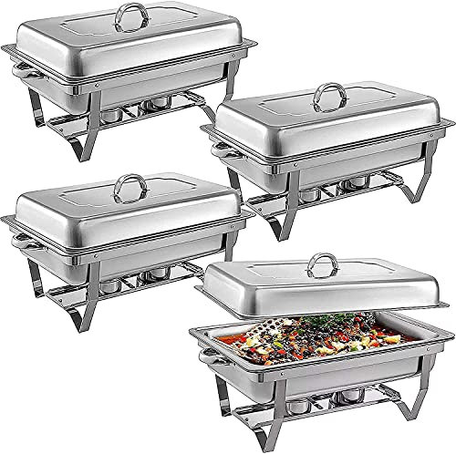 MXFKLJ Pack of 4 Chafing Dish Buffet Complete Set, Stainless Steel Chafer And Buffet Food Warmer Sets with Water Pan, Food Pan, Fuel Holder And Lid, 8Qt