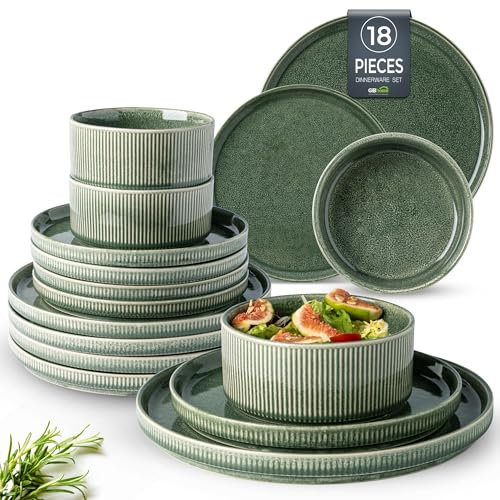 GBhome Service de table en grès pour 6 personnes, 18 pièces en émail réactif fabriqué à la main, résistant aux rayures, passe au lave-vaisselle et au micro-ondes (vert persistant)