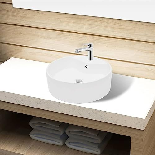 AUVYI Gästetoilette Waschbecken Keramik Hahnloch/Überlaufloch Weiß Rund 46,5x15,5 CM Aufsatzwaschbecken Kosmetikraum Möbel Waschbecken Gäste WC Handwaschbecken für Waschraum Badezimmer