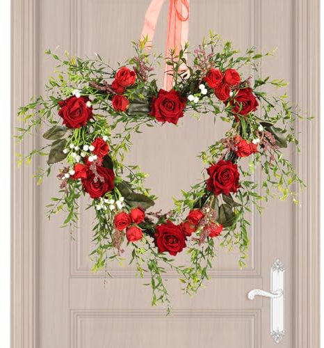 demaxiyad Haustürkranz zum Valentinstag, Blumenkranz zum Valentinstag | Herzförmige Kranzrose mit Blumen - 15,74 Zoll floraler Rosen-künstlicher Türkranz, Valentinstag-Herzkränze, roter