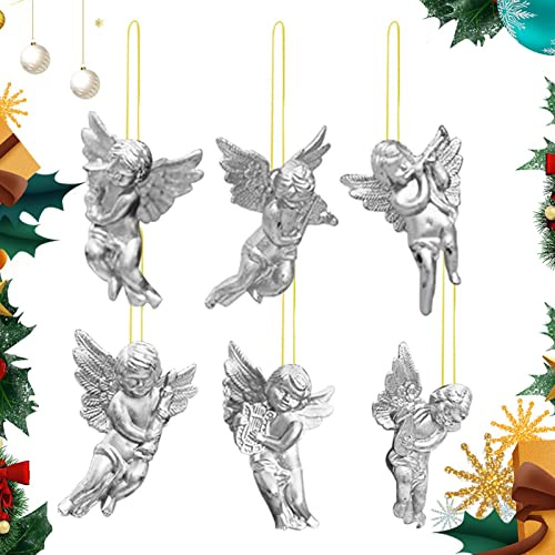 Lot de 6 Anges à Suspendre pour Sapin de Noël - Décoration de Fête - Beau Design Argenté/Doré