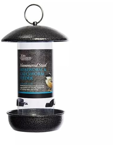 Tom Chambers Vogelfutterstation für kleine Vögel, schwarz, gehämmert, Stahl, Mehlwürmer & Kalzwurm, zum Aufhängen, für Gartenvögel, Futterstation für kleine Vögel, einfaches Befüllen aus robustem