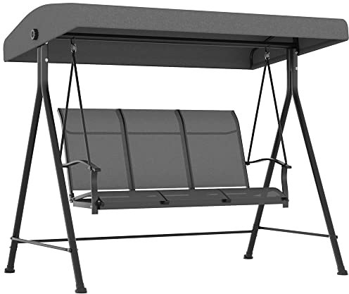 Outsunny Dondolo da Giardino 3 Posti con Tettuccio Parasole Regolabile, Dondolo da Esterno con Seduta Traspirante a Rete e Piedini Antiscivolo in Poliestere e Metallo, 195x118x170 cm, Grigio Scuro