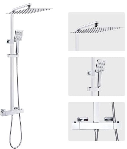 Auralum Colonna Doccia Termostatico con 30x30cm Soffione Doccia, Colonna Doccia con Miscelatore Altezza Regolabile 80-124cm