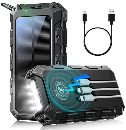 Solar Powerbank 52800mAh, 30W PD 3.0A USB C Power Bank Schnellladen mit 3 Kabeln, 3 Port (2 USB & 1 Type-c), 15W Wireless Charger, LED Leuchtanzeigen, Taschenlampe, Externe Handy-Akkus für Smartphone