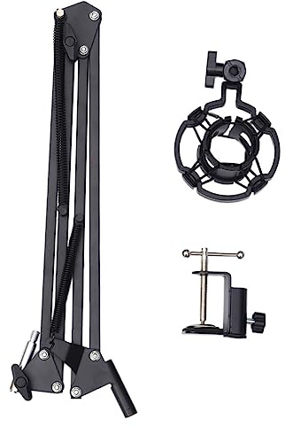 Microphone Stand Set with Shockproof Bracket, Black Metal | 4 Joints Design, Double Spring Support, Desktop Clamp and Mount Included, Portable for Table and Home Use