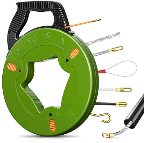 MINENICE Kabeleinziehhilfe 50m, 4,5mm Einziehspirale Einziehfeder inkl. 6 Adapter, Zugdraht für Leerrohre, Einziehhilfe für Leerrohre, Zugdraht, Kabelzieher für Kabel & Elektroinstallationen