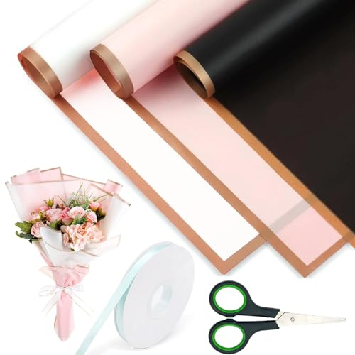 Bukett presentpapper, 30 ark dekoration presentpapper med 1 rulle 40 m band och 1 sax, vattentätt blomförpackningspapper för presentförpackningar blomkonst (3 färger, 58 x 58 cm)
