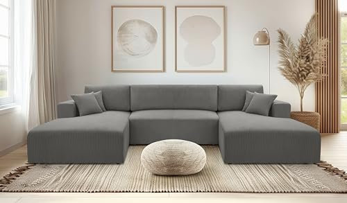 AXLIVING Graues Sofa mit Schlaffunktion – Catea U Cord Wohnlandschaft 364 cm