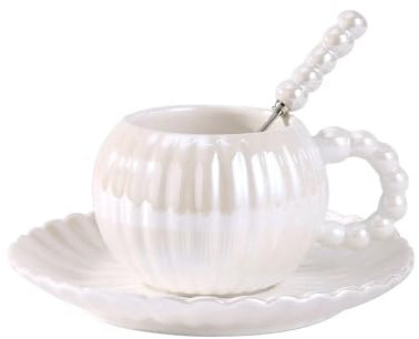 DYYEUAVT Ensemble de soucoupes de Tasse à café en céramique créative de Luxe léger Ensemble de soucoupes de Tasse à thé en céramique émaillée nacrée avec cuillère(White)
